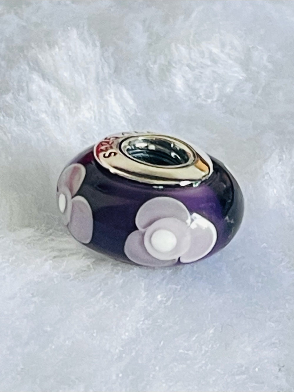 Pandora Purple Glass Charm with White Floral Accents - Picture 2 of 2